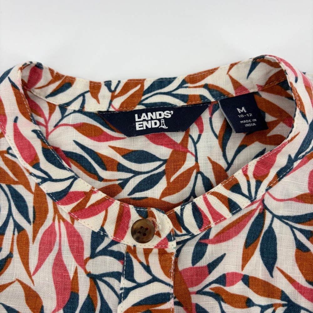 Lands End Womens 100% Linen Band Collar Leaf Print Lg Sleeve Tunic Shirt M 10-12